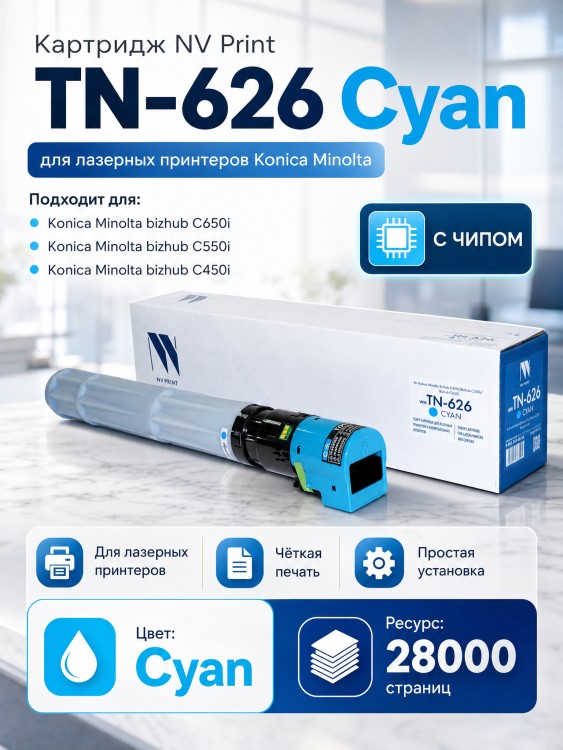 Картридж NV Print TN-626 Cyan для Konica Minolta Bizhub-C450i/Bizhub-C550i/Bizhub-C650i (ACV1450) 28000 страниц