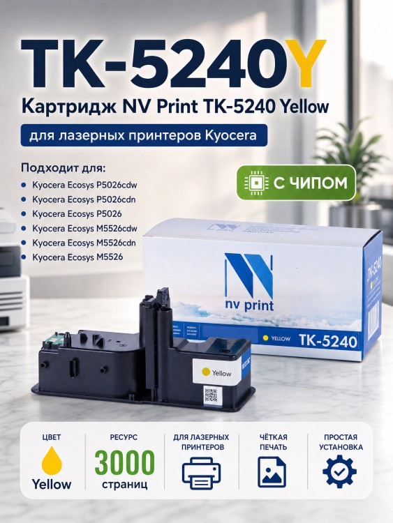 Картридж NV Print TK-5240Y Желтый для принтеров Kyocera ECOSYS P5026cdn/ P5026cdw/ M5526cdn/ M5526cdw, 3000 страниц Картридж NV Print TK-5240Y Желтый для принтеров Kyocera ECOSYS P5026cdn/ P5026cdw/ M5526cdn/ M5526cdw, 3000 страниц