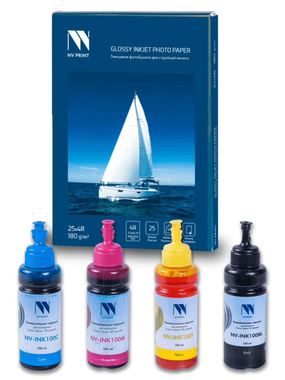 Чернила NV PRINT универсальные водные для Сanon, Epson, НР, Lexmark, комплект 4 цвета + фотобумага