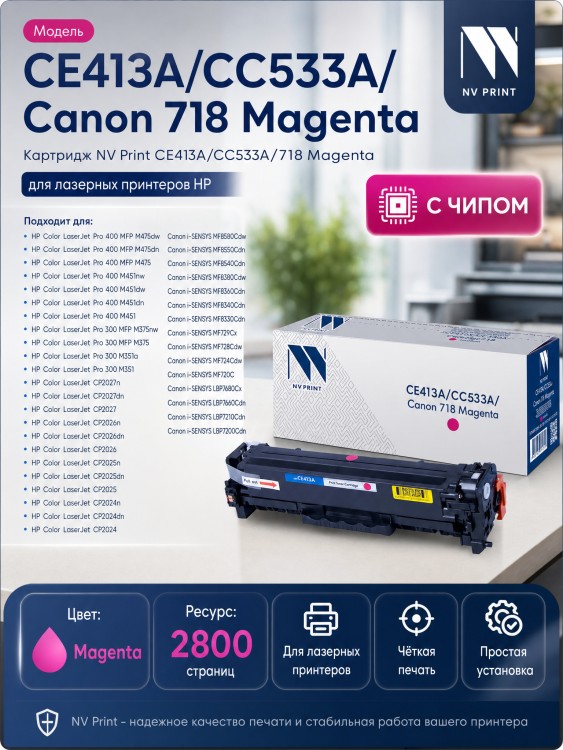 Картридж NV Print CE413A/ CC533A/ 718 Пурпурный для принтеров HP LaserJet Color M351a/ M375nw/ M451dn/ M451dw/ M451nw/ M475dn/ M475dw/ CP2025/ CP2025dn/ CP2025n/ MFP-CM2320fx/ CM2320n/ Canon i-SENSYS LBP-7200Cdn/ 7210Cdn/ 7660, 2800 страниц Картридж NV Print CE413A/ CC533A/ 718 Пурпурный для принтеров HP LaserJet Color M351a/ M375nw/ M451dn/ M451dw/ M451nw/ M475dn/ M475dw/ CP2025/ CP2025dn/ CP2025n/ MFP-CM2320fx/ CM2320n/ Canon i-SENSYS LBP-7200Cdn/ 7210Cdn/ 7660, 2800 страниц