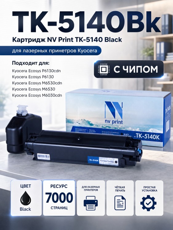 Картридж NV Print TK-5140Bk Черный для принтеров Kyocera ECOSYS M6030cdn/ P6130cdn/ M6530cdn, 7000 страниц