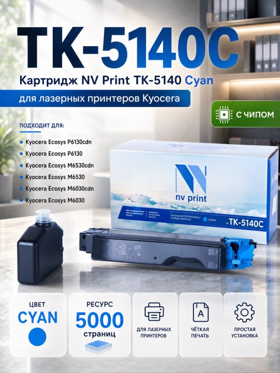 Картридж NV Print TK-5140C Голубой для принтеров Kyocera ECOSYS M6030cdn/ P6130cdn/ M6530cdn, 5000 страниц